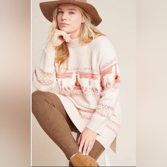 Anthropologie Alpaca Llama Pink Fair Isle Sweater XS - Picture 6 of 7